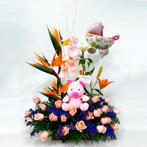 Arreglo Floral Rosas y Aves de Paraíso para nacimiento de un bebe en Bogota