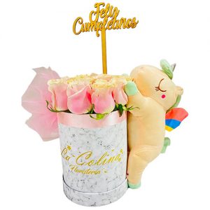 Cilindro de 12 rosas con peluche