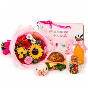 Desayuno sorpresa para mamá buzon con ramo de flores